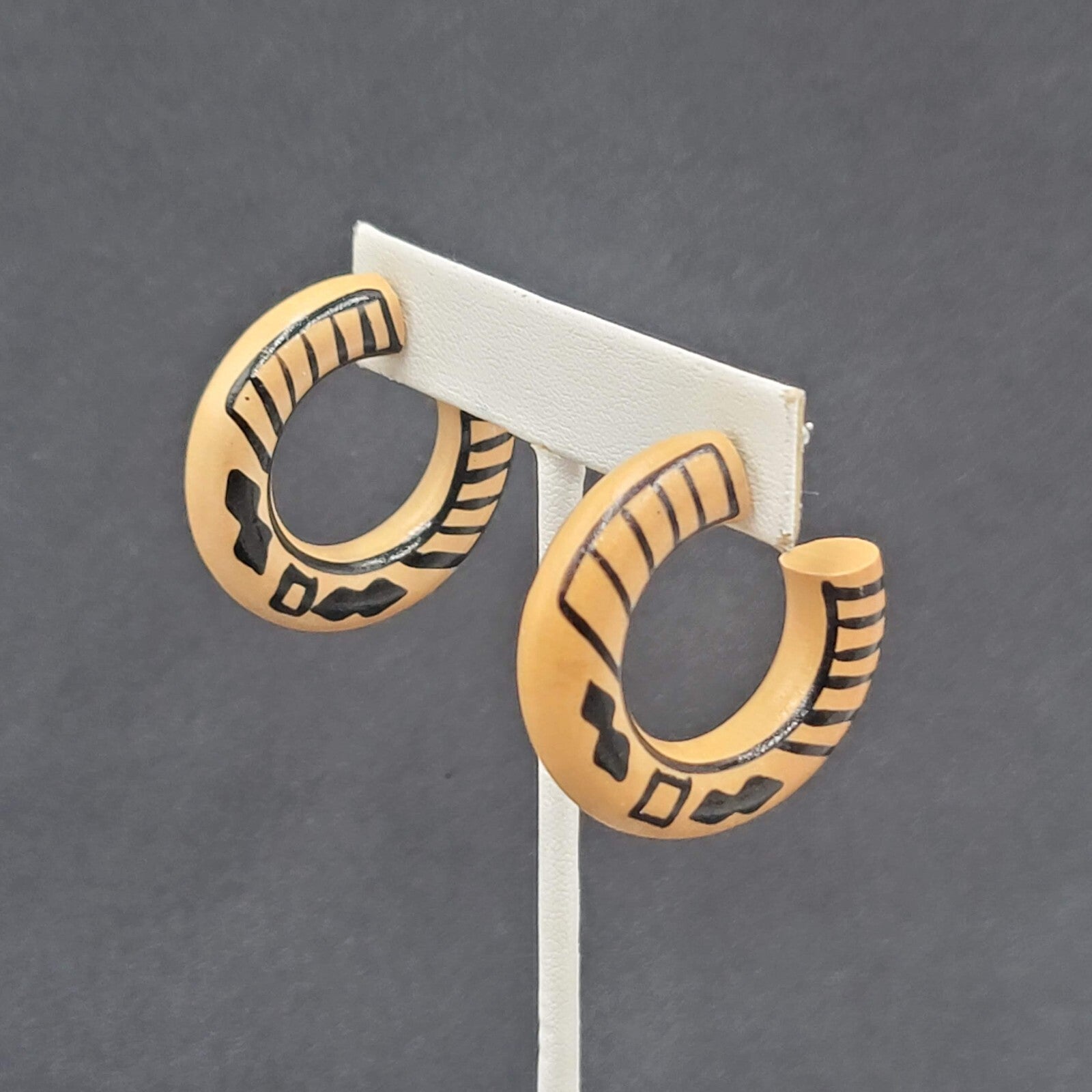 Vintage Pierced Earrings Wood Hoops Hand Painted Black 1 3/8"