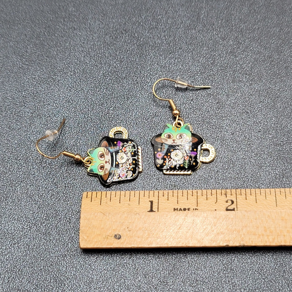 Pierced Earrings Gold tone Enamel Kitty Cat in Tea cup Dangle 3/4"
