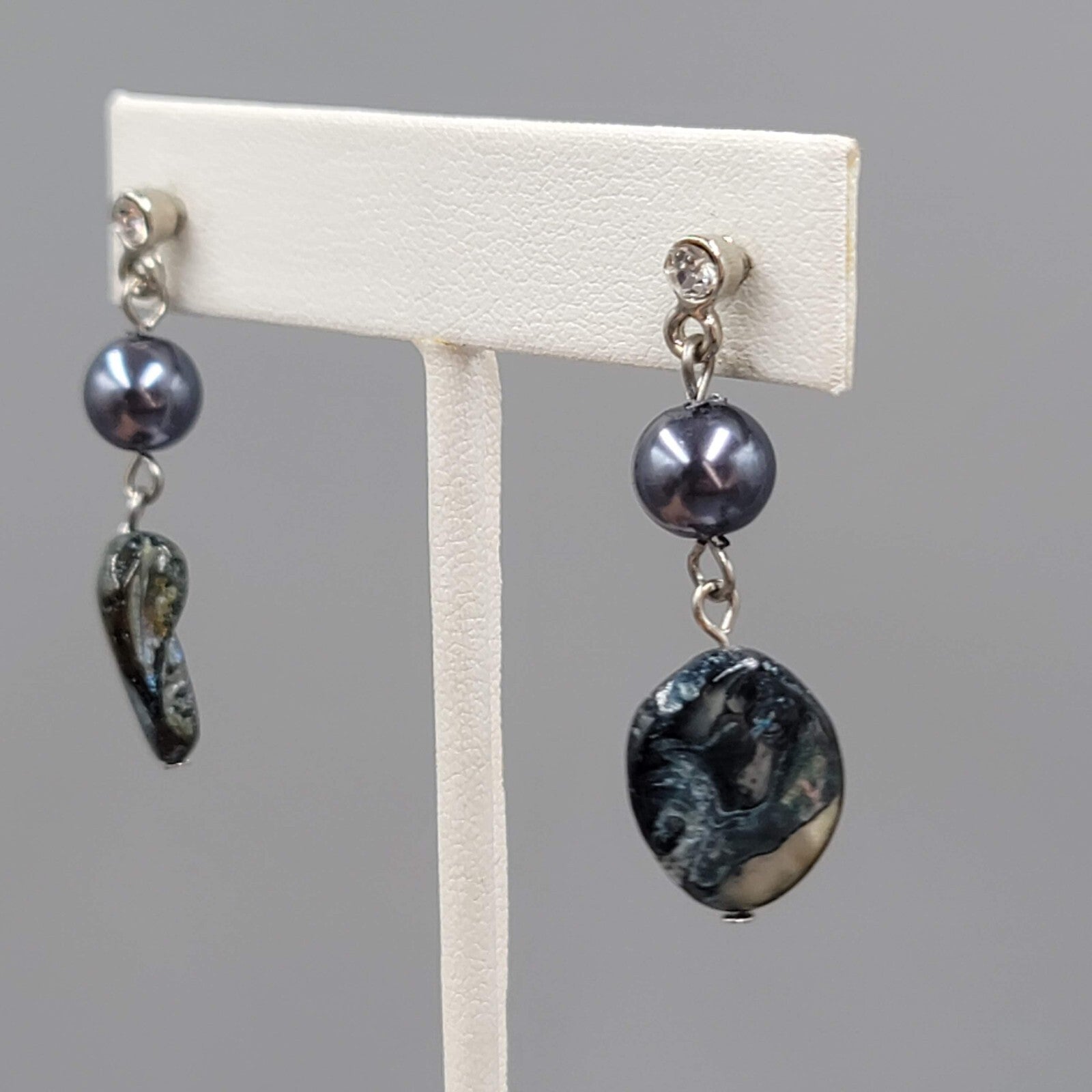 Pearl Blue Shell Pierced Earrings Silver tone Dangle 1.5"