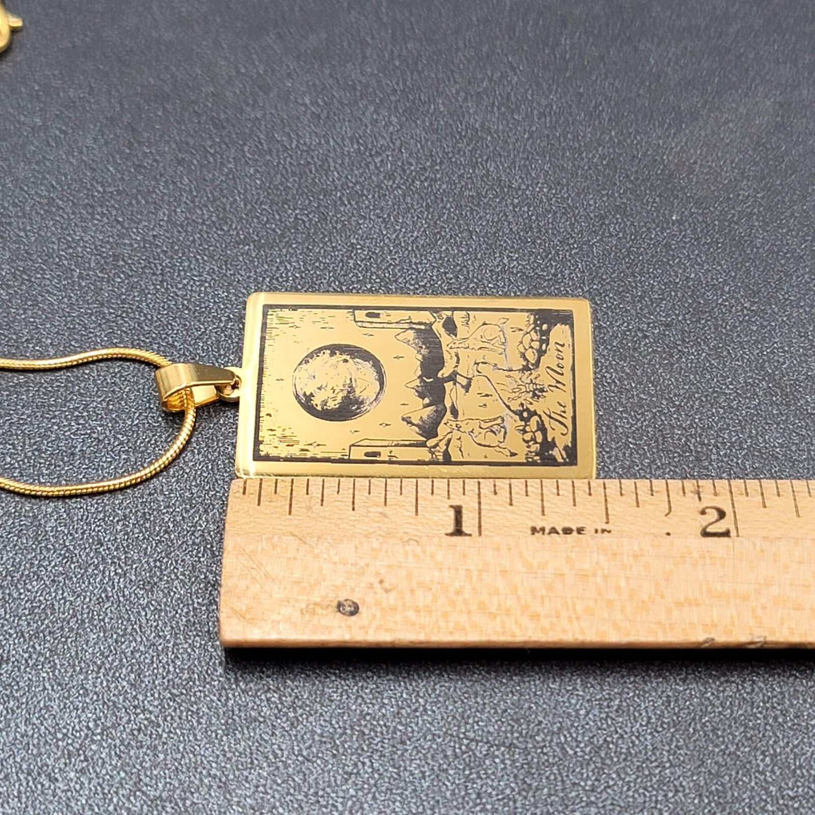 THE MOON Tarot Card Pendant Necklace Major Arcana Gold tone 18”.