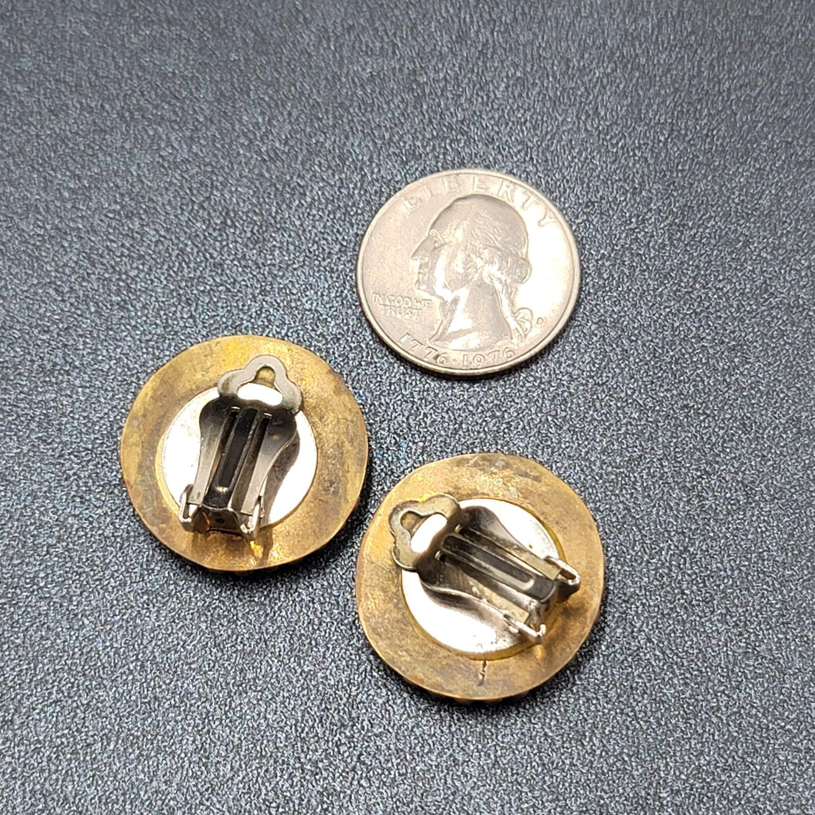 Vintage Clip on Earrings Brass Wood Stone Inlay Unique Discs  1"