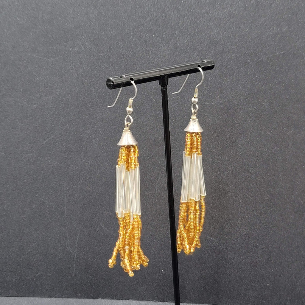 Pierced Earrings Silver tone Orange Seed Bead Multi Strand Dangle 2.5"