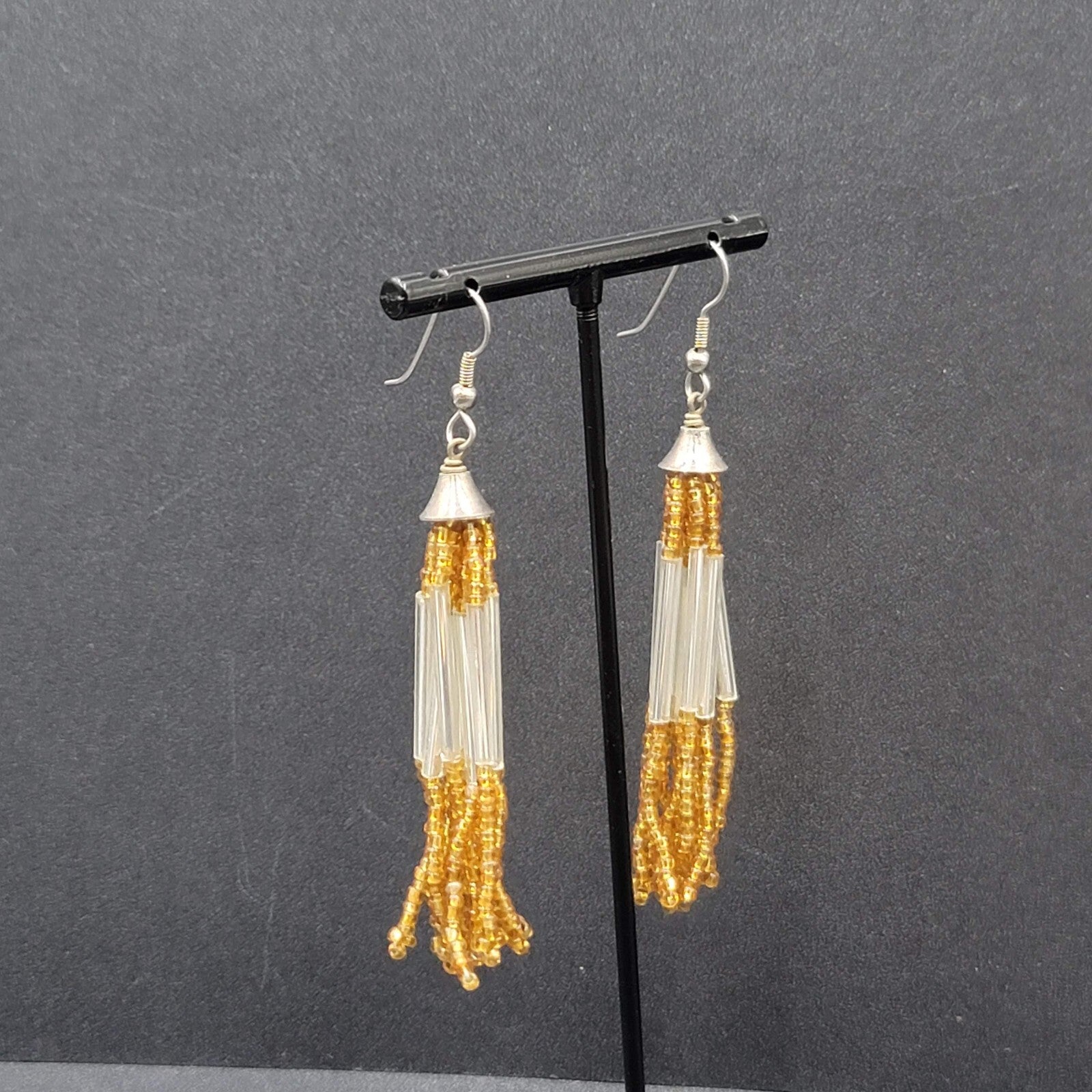 Pierced Earrings Silver tone Orange Seed Bead Multi Strand Dangle 2.5"