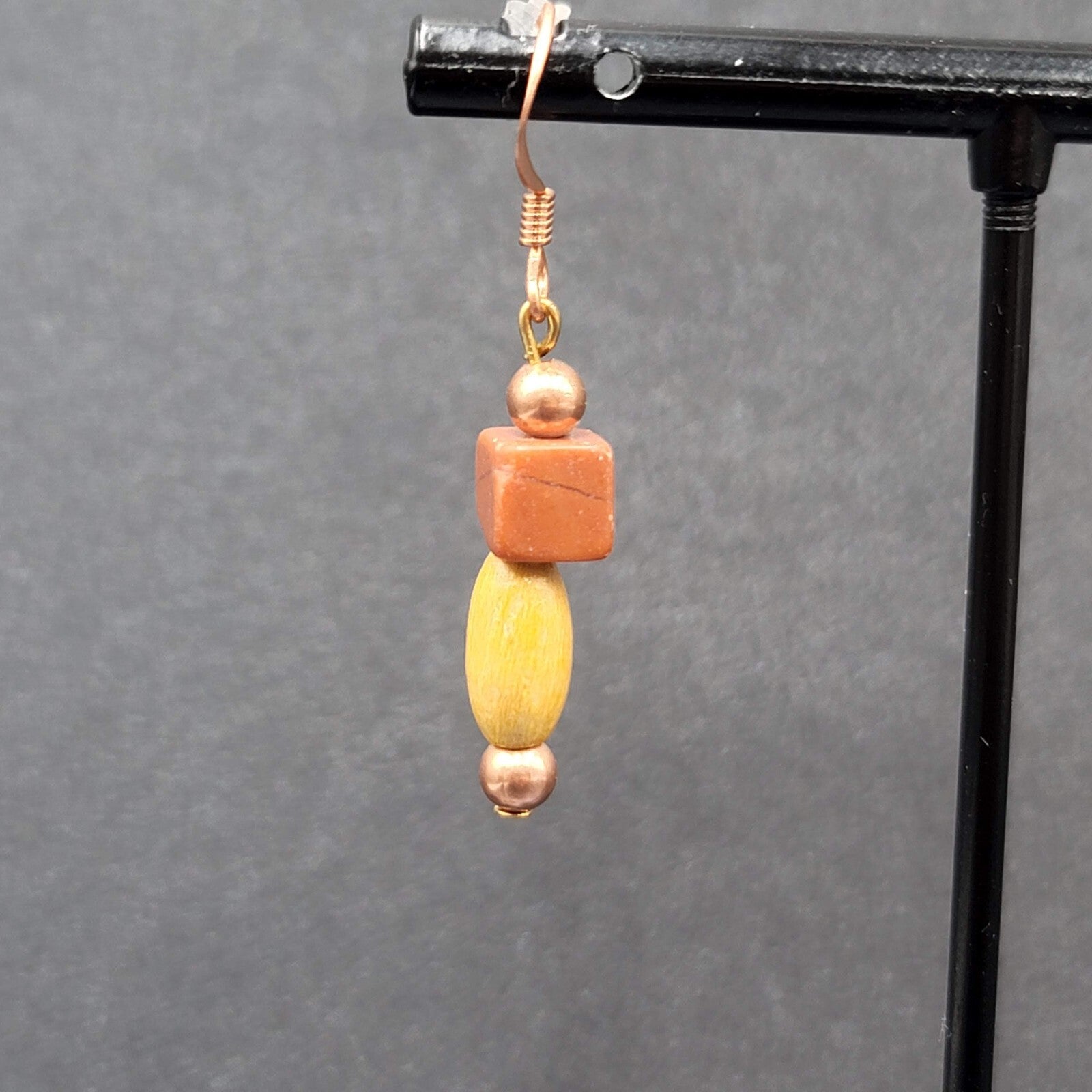 Pierced Earrings Red Stone Wood Bead Copper tone Dangle  1"