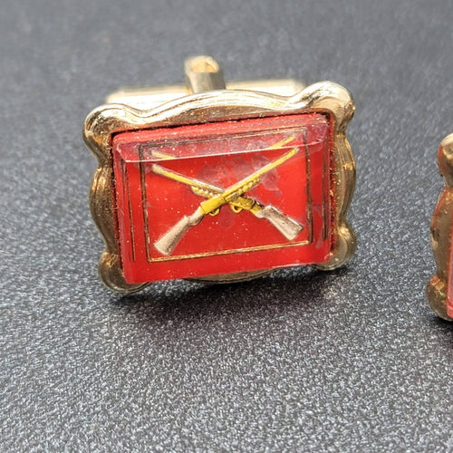 Crossed Rifle Long Gun Cufflinks Gold tone Red Resin Rectangle 3/4"