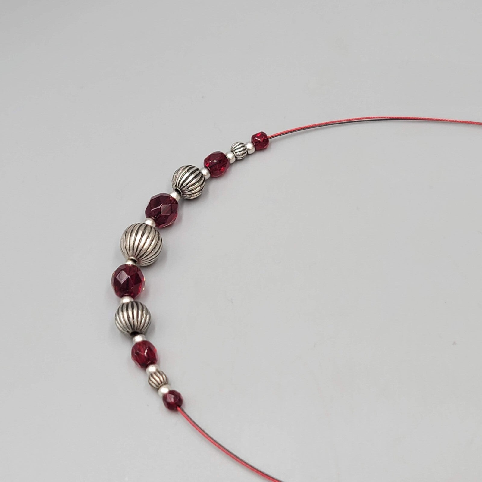 Bead Necklace Silver tone Red Faceted Beads Red Cord 18"