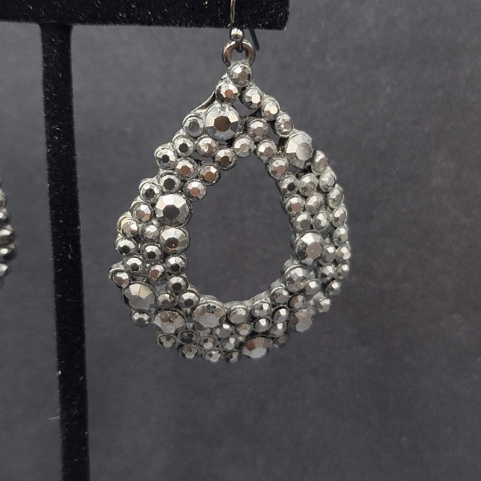 Pierced Earrings Black Metal Rhinestone Open Teardrop 1.75"