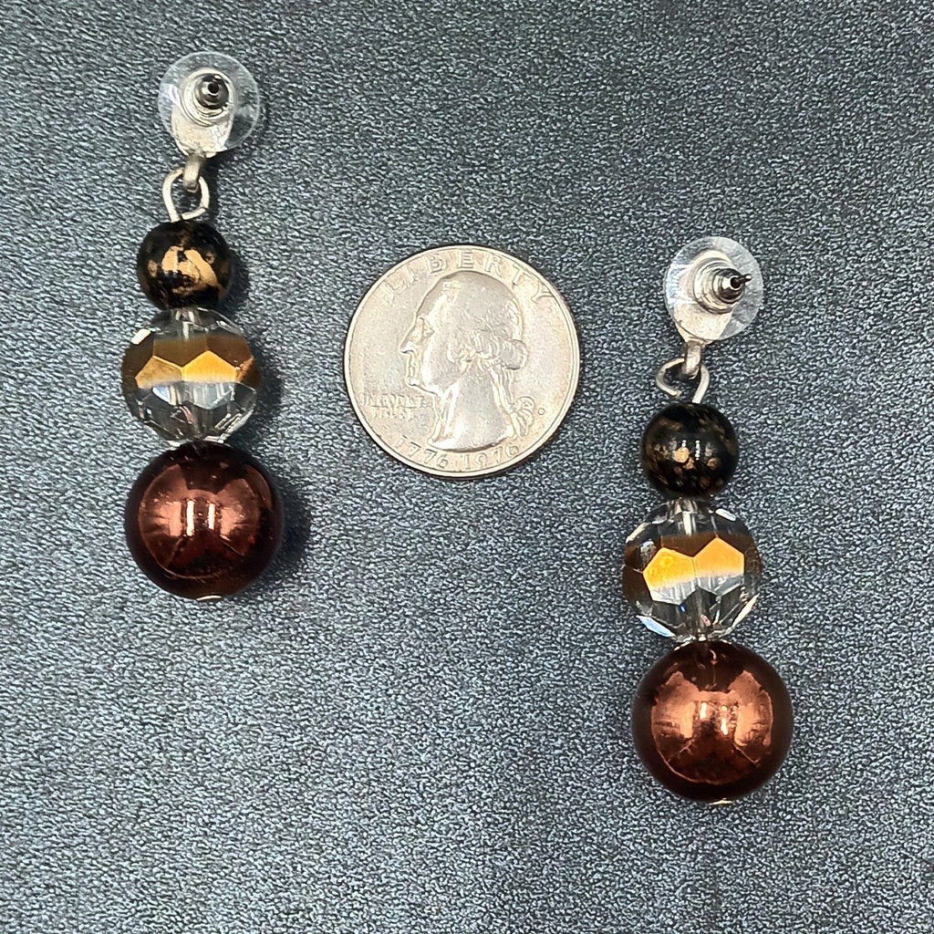 Pierced Earrings Silver tone Acrylic and Glass Bead Dangle 2.25"