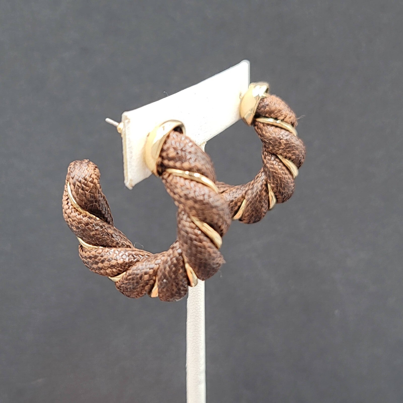 Pierced Earrings Gold tone Brown Fabric Wrapped Drop Hoops 1.5"