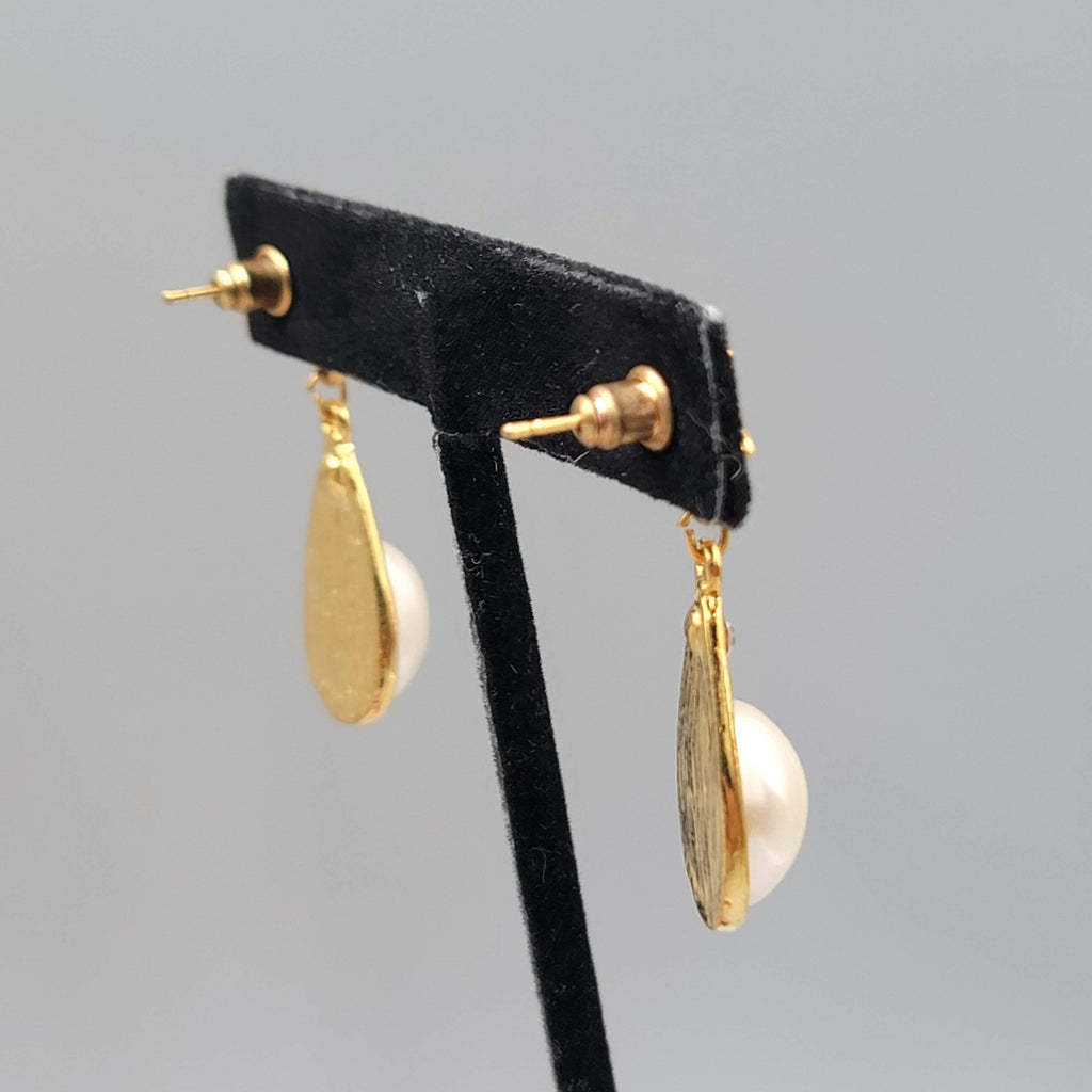 Star Crystal Faux Pearl Pierced Earrings Gold Plated Dangle 1.5 in