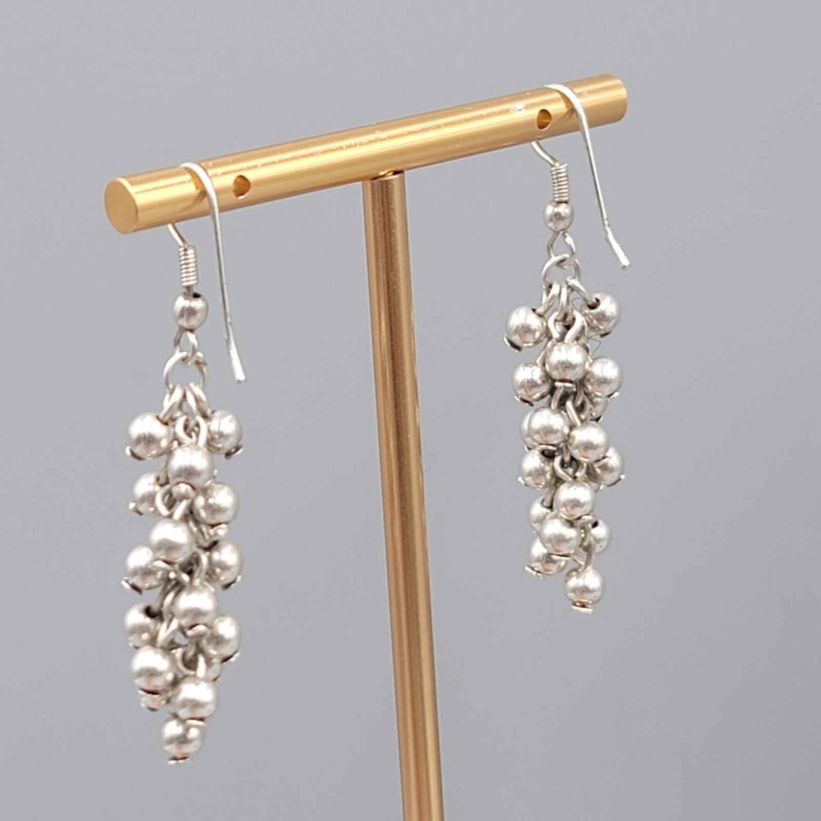 Cluster Bead Pierced Earrings Silver tone Dangle 1.25 in