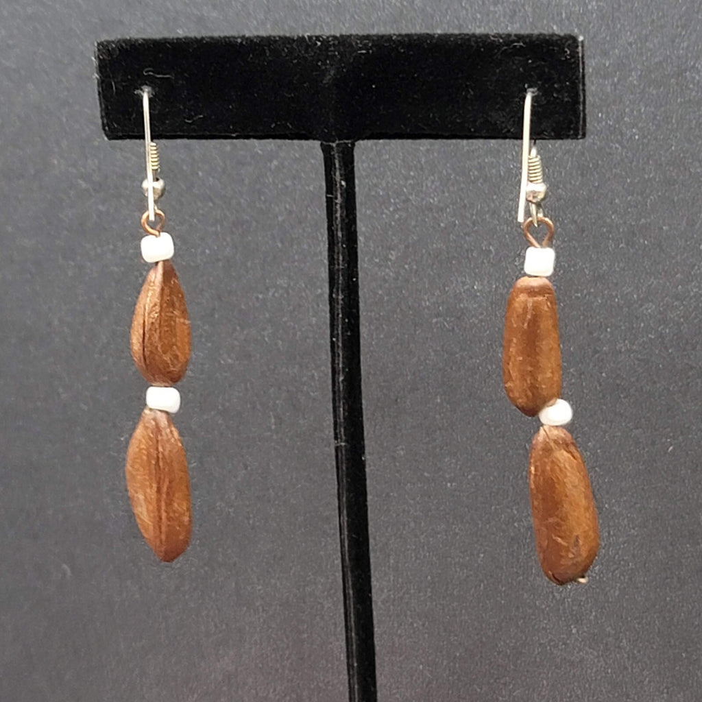 Vintage Pierced Earrings Silver tone Large Brown Seed Beads Long Dangle 2"