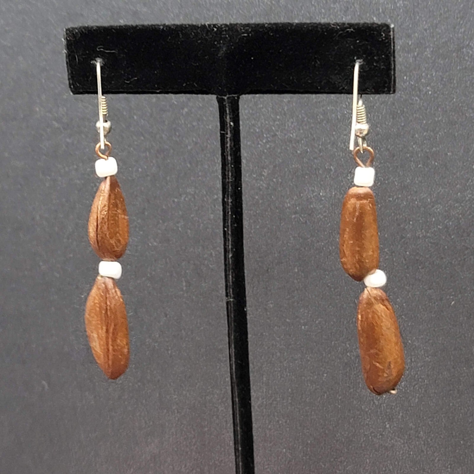 Vintage Pierced Earrings Silver tone Large Brown Seed Beads Long Dangle 2"