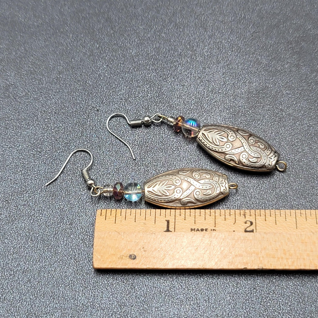 Pierced Earrings Silver tone Clear Purple Beaded Dangle 1.75"