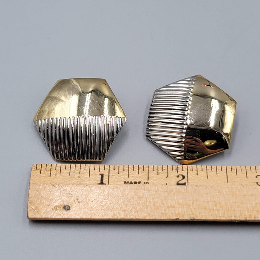 Vintage Clip on Earrings Gold and Silver tone Hexagon 1.25"