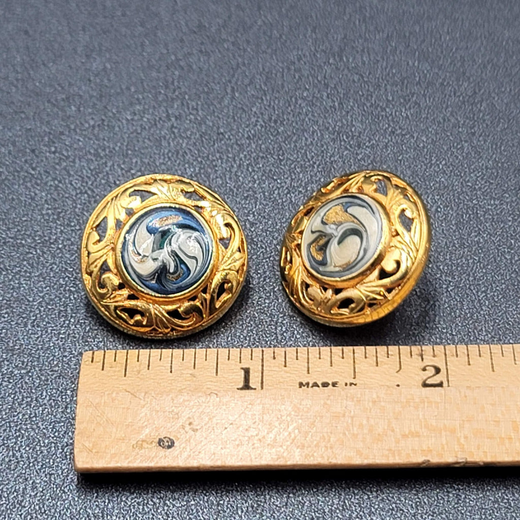 Vintage Pierced Earrings Gold Plated Blue Swirl Enamel Round Drop 1"
