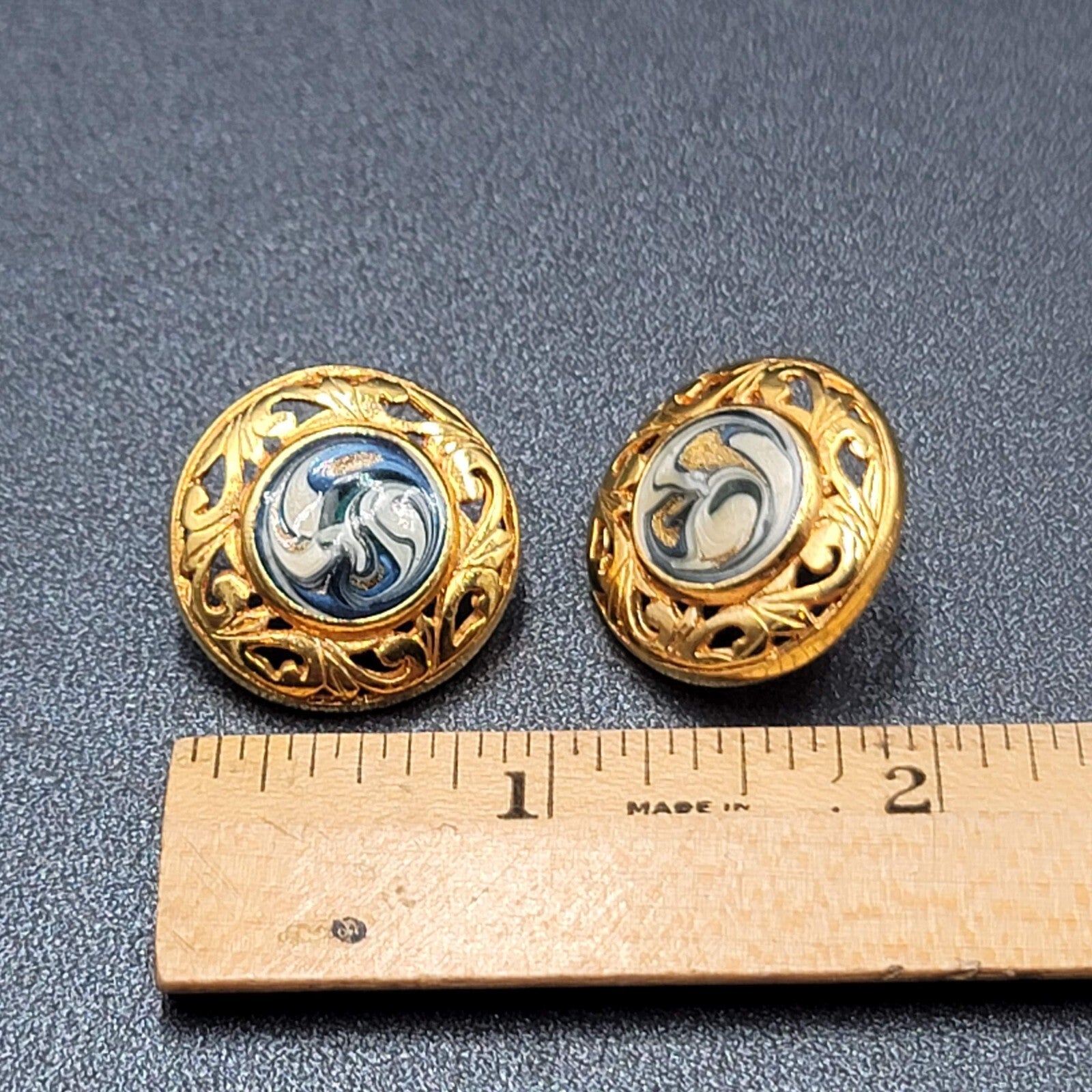 Vintage Pierced Earrings Gold Plated Blue Swirl Enamel Round Drop 1"