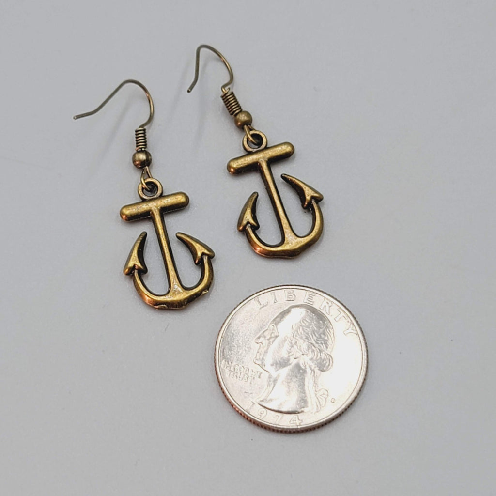 Boat Anchor Nautical Pierced Earrings Bronze tone Dangle 7/8"