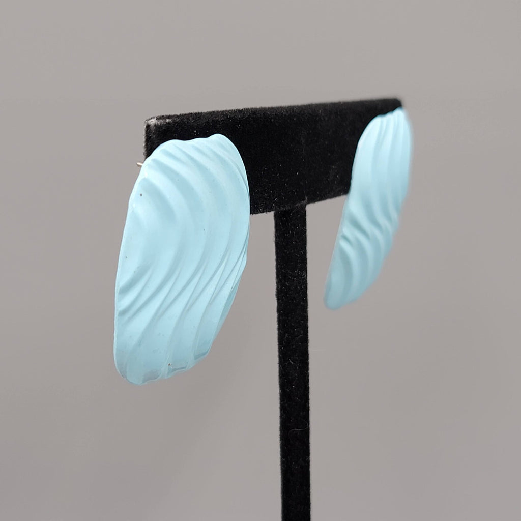 Vintage Pierced Earrings Light Blue Enamel Wavy Rectangle 1.25"