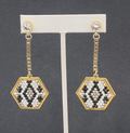 Pierced Earrings Gold Plated Rhinestone Studded Hexagon Dangle Chain Signed 