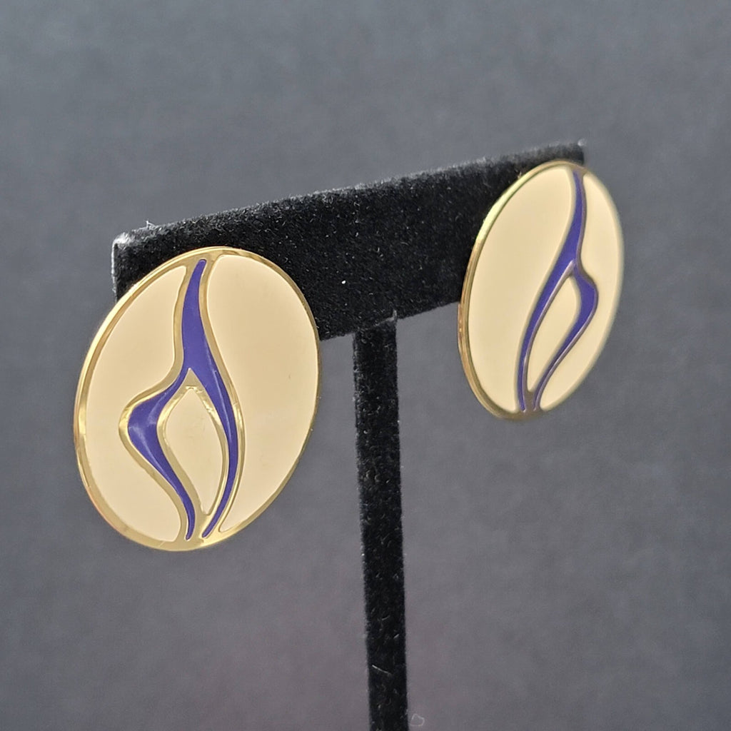 Vintage Pierced Earrings Gold tone Purple Tan Enamel Round Drop 1 1/8"