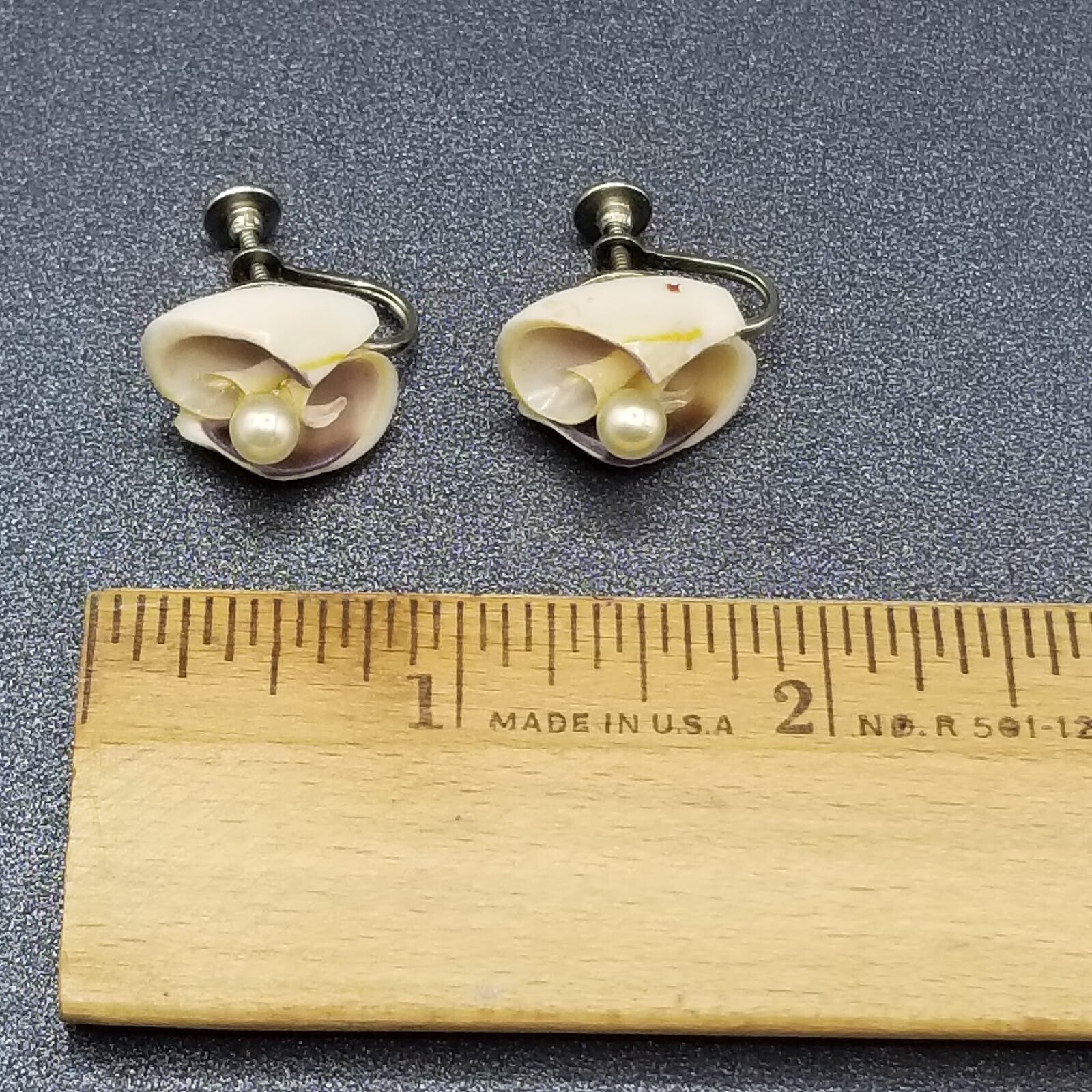 Vintage Clip On Earrings Cut Shell and Faux Pearl Screw Back Stud 3/4"