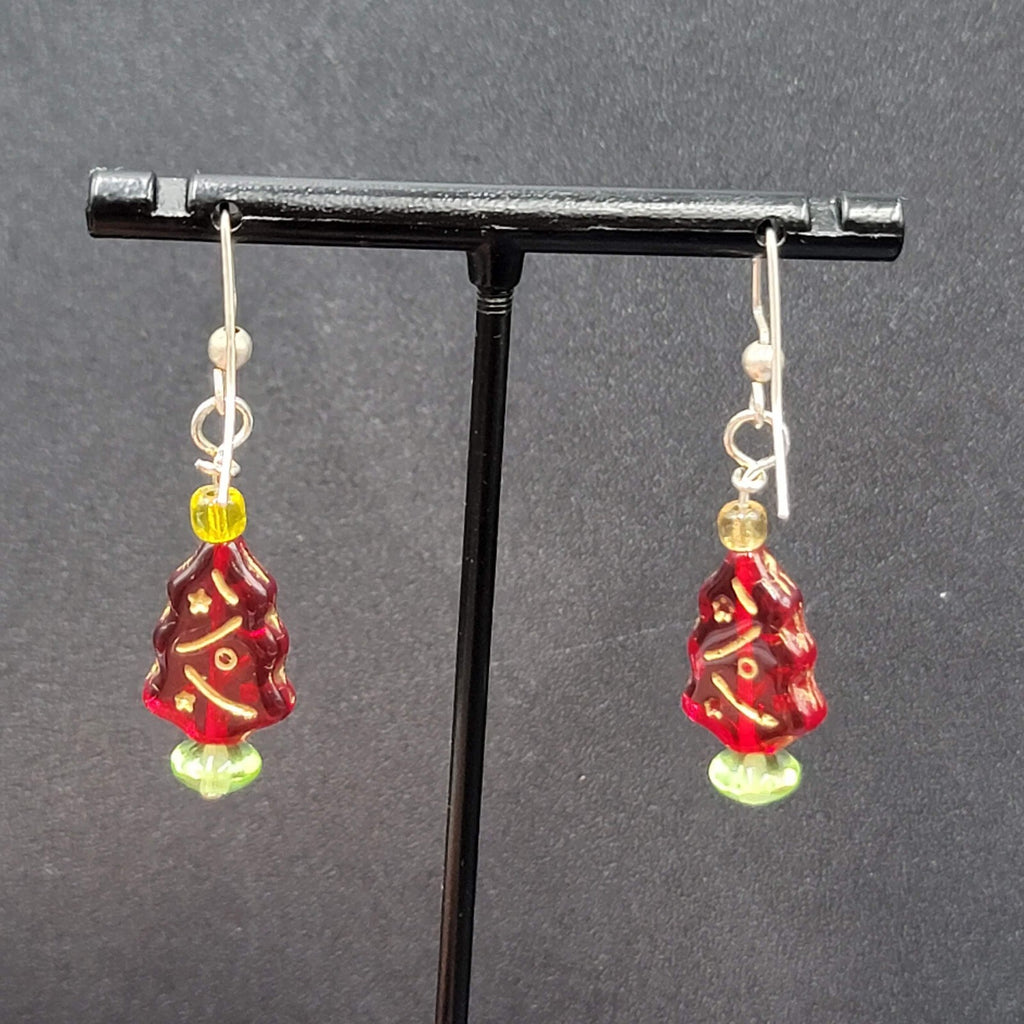 Pierced Earrings Silver tone Red Glass Bead Christmas Tree Dangle 1"