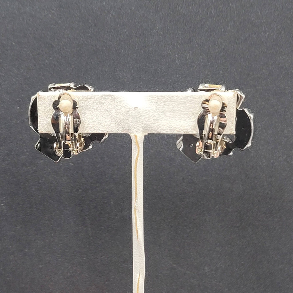 Clip on Earrings Silver tone Acrylic Green Black Statement Drop 1"