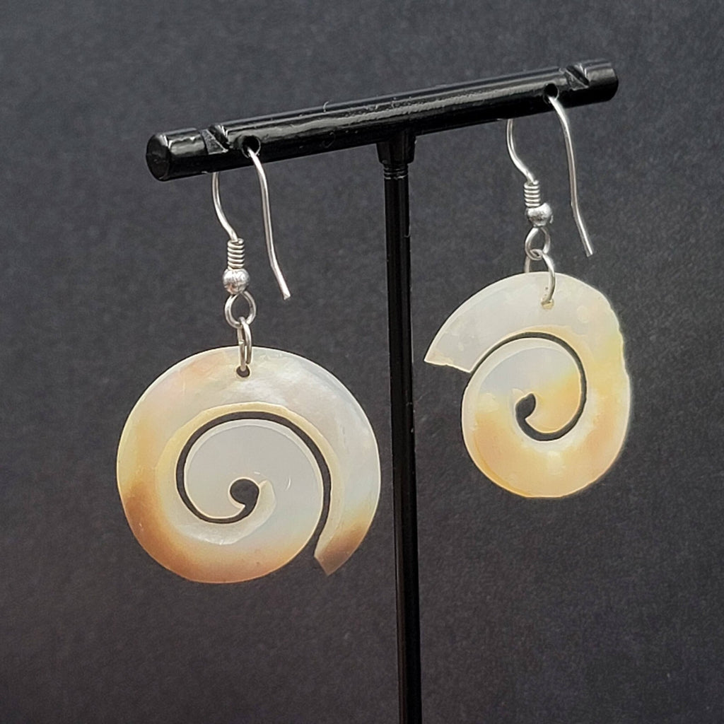 Pierced Earrings Silver tone Mother of Pearl Hand Carved Spirals  1.25"