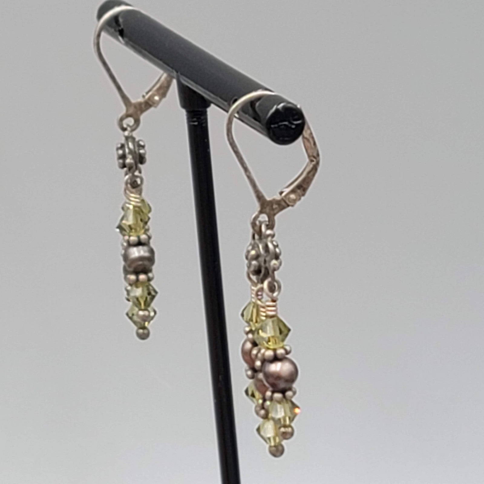 Pearl and Green Bead Sterling Silver Pierced Earrings Dangle 1 1/8 in 925