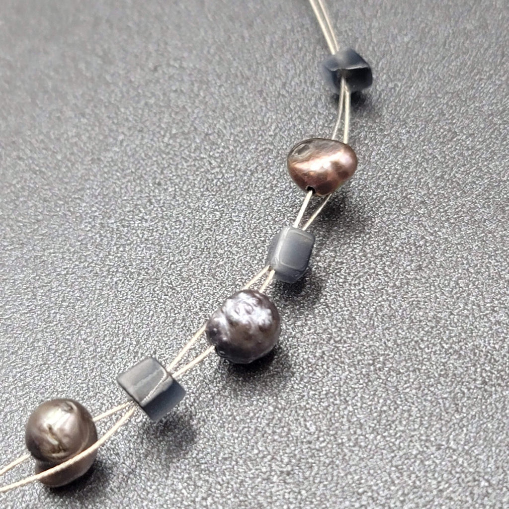 Multi Strand Pearl Station Floating Beads Necklace 18"