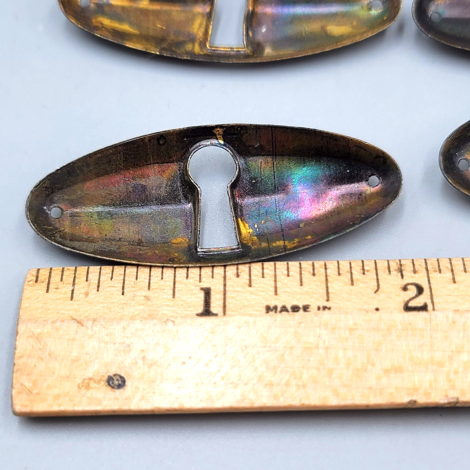 Vintage Skeleton Key hole Escutcheon Lot of 4 Hardware Iridescent Black