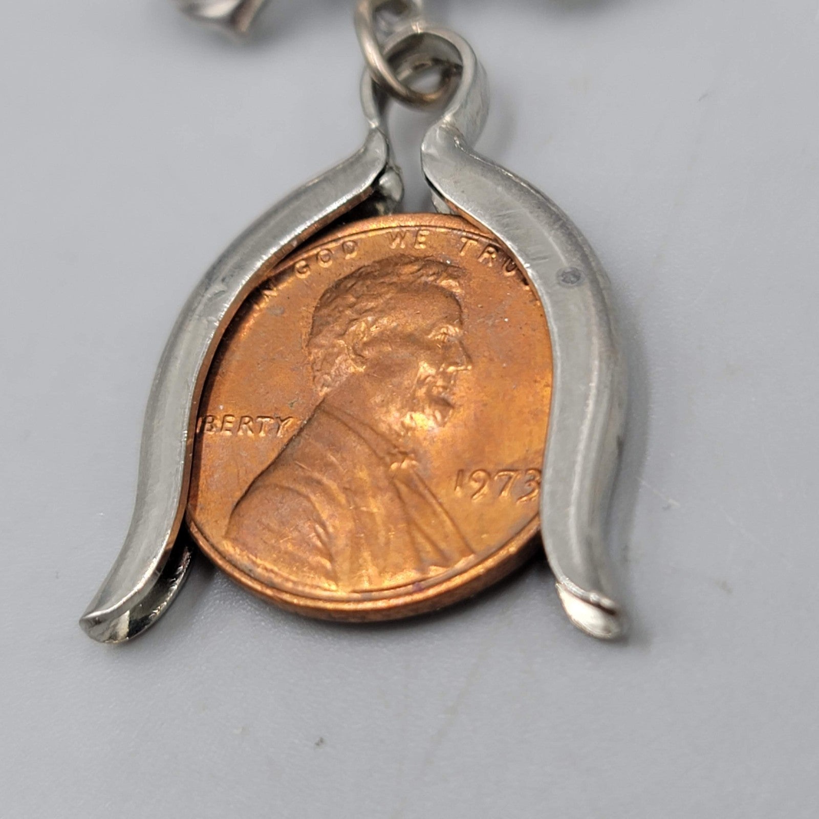 Vintage Lucky Penny Brooch Silver tone Bow Dangle 1 5/8 in