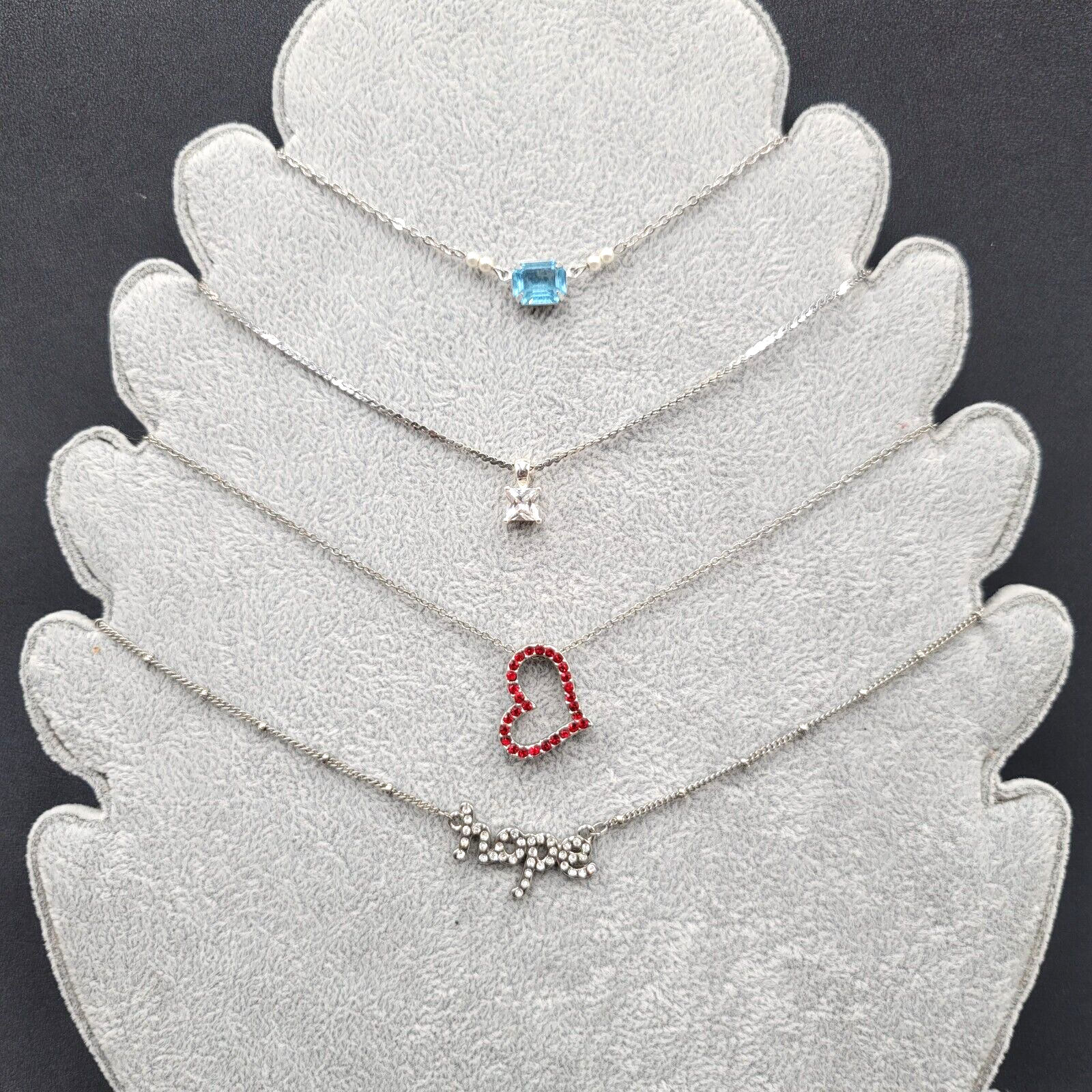 Lot of 4 Necklaces Silver tone HOPE HEART Blue Rhinestone