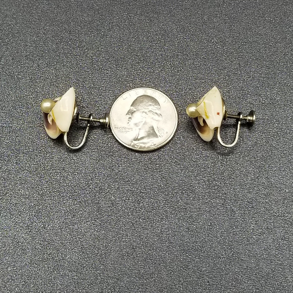 Vintage Clip On Earrings Cut Shell and Faux Pearl Screw Back Stud 3/4"