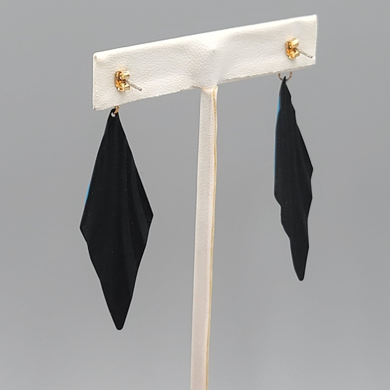 Vintage Black Blue Enamel Pierced Earrings Statement Dangle 2.75"