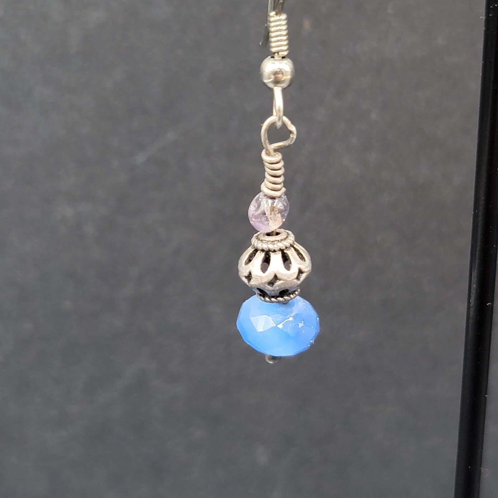 Pierced Earrings Silver tone Blue Glass Faceted Bead Dangle 1"