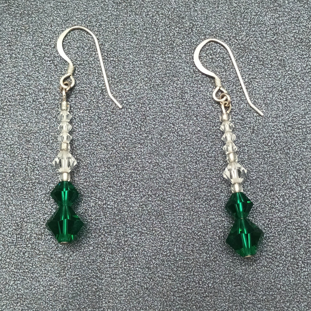 Pierced Earrings Silver tone Hook Faceted Clear Green Beaded Dangle 1 1/4"