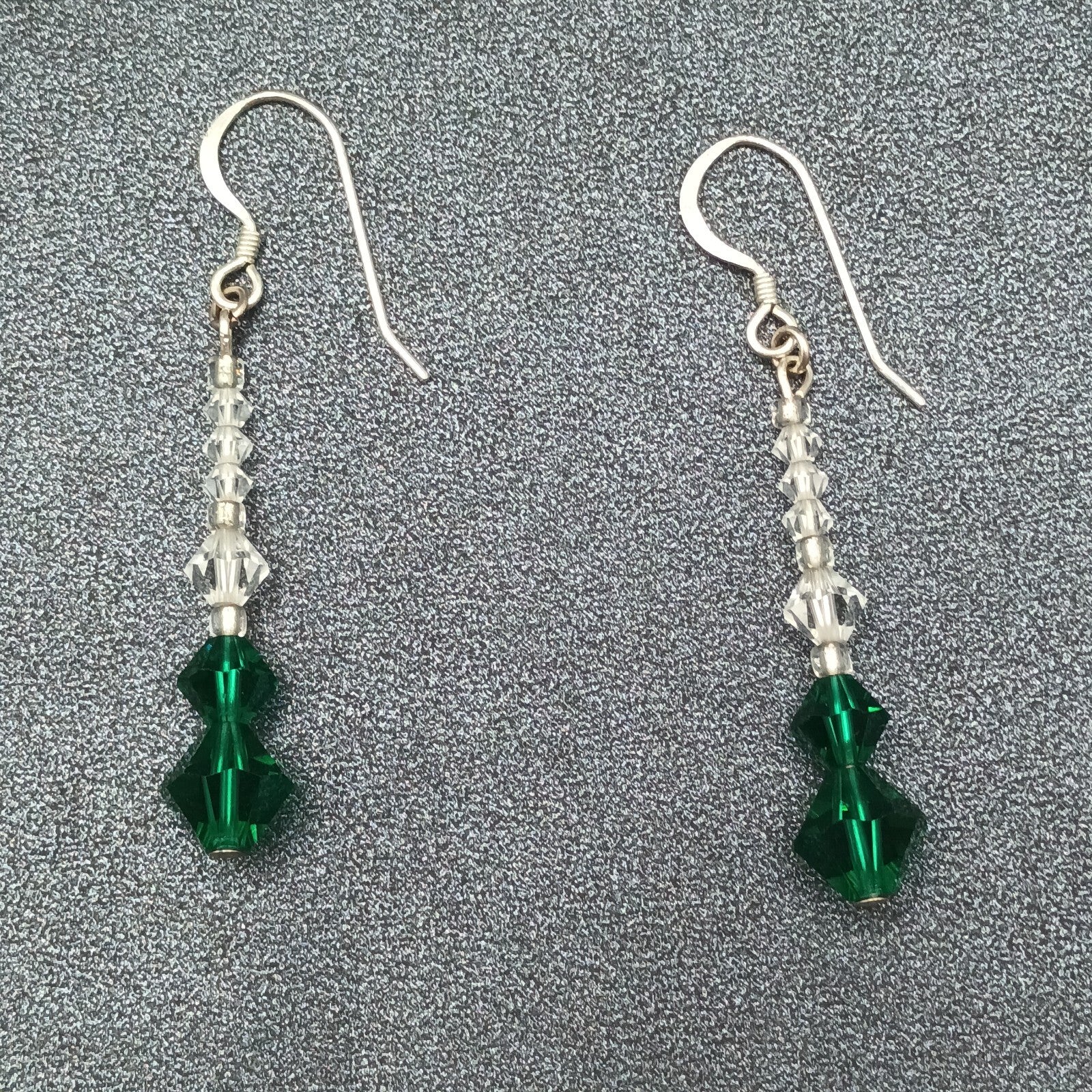 Pierced Earrings Silver tone Hook Faceted Clear Green Beaded Dangle 1 1/4"