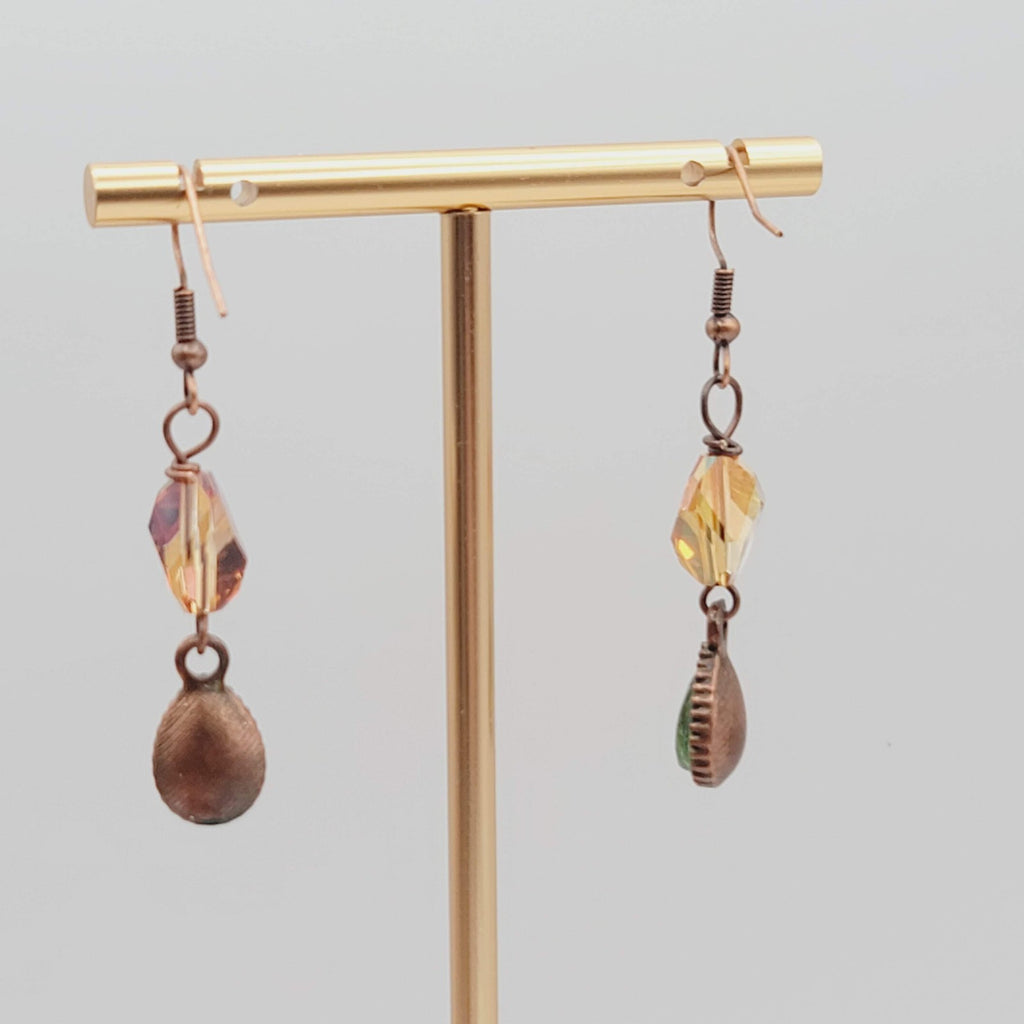 Green Teardrop Orange Crystal Bead Pierced Earrings Copper tone Dangle 1.25 in