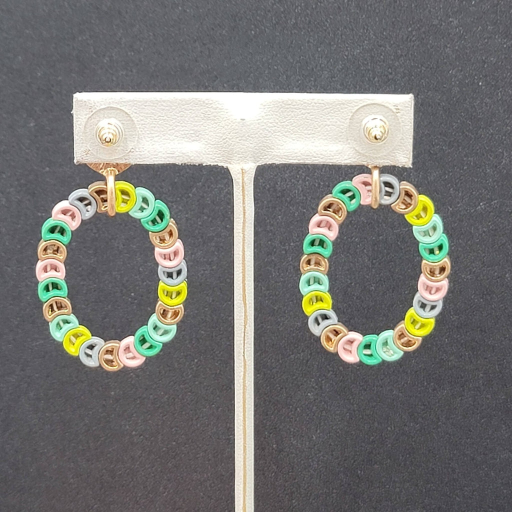 Pierced Earrings Gold tone Multicolor Strung Beads Hoop 2"