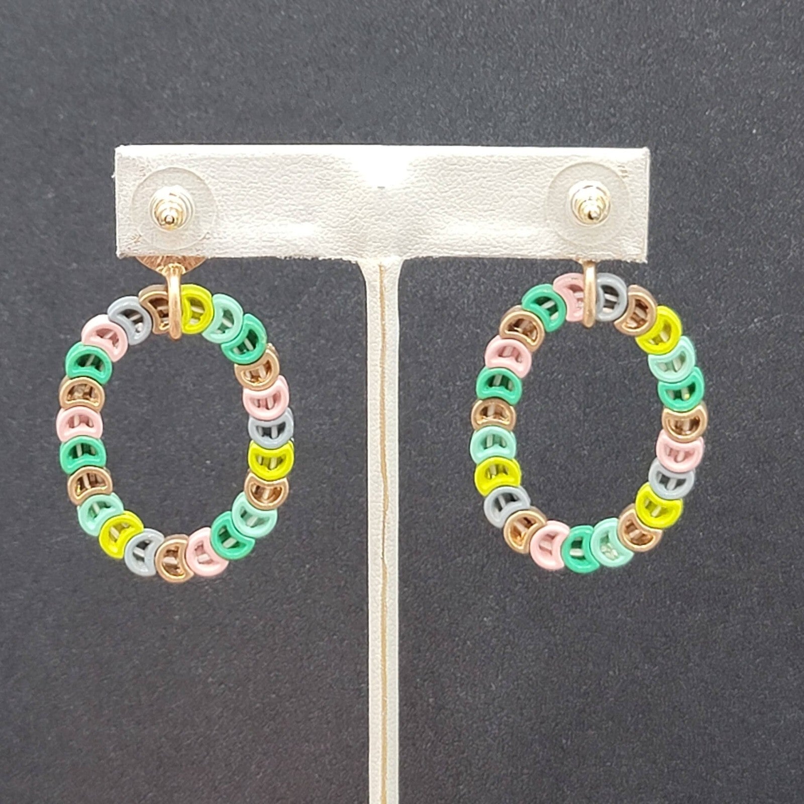 Pierced Earrings Gold tone Multicolor Strung Beads Hoop 2"
