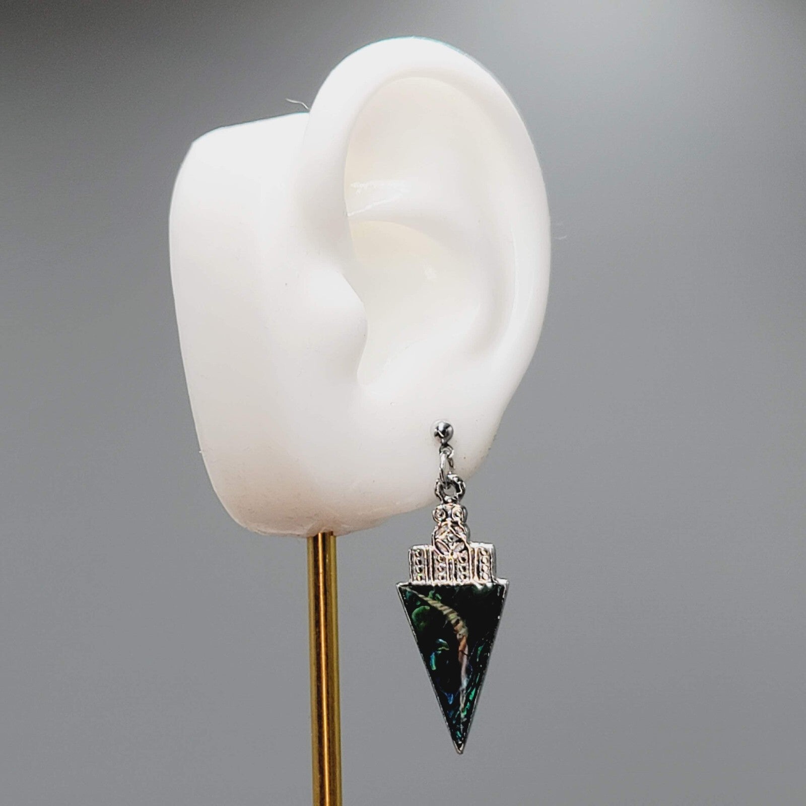 Pierced Earrings Faux Abalone Silver tone Triangle Dangle  1 3/8"