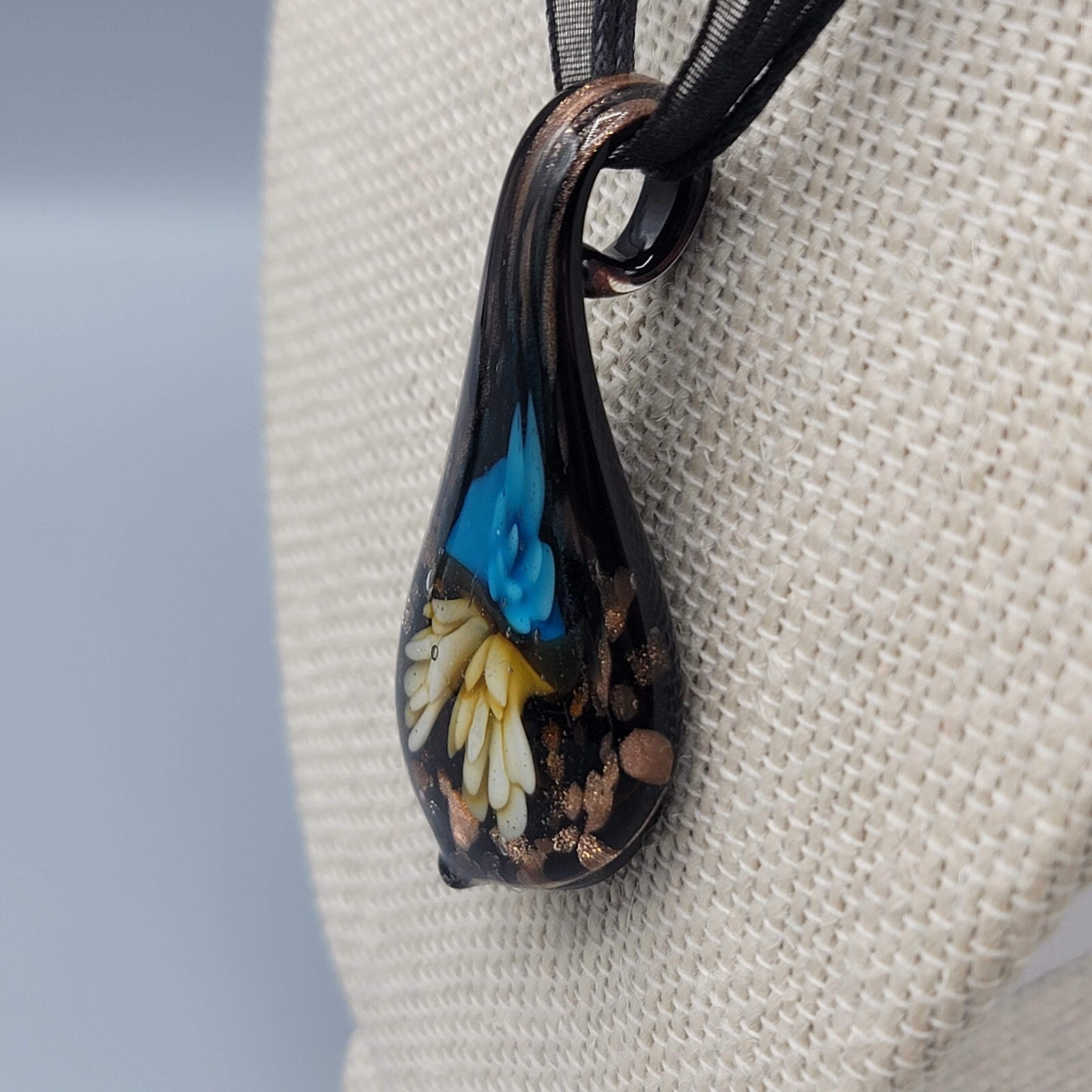 Art Glass Pendant Necklace Teardrop Flower Black Ribbon Cord 18"-19"