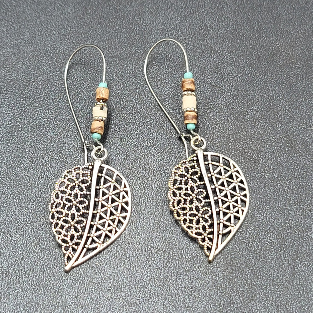 New Boho Pierced Earrings Open Work Leaf Beaded Long 3"