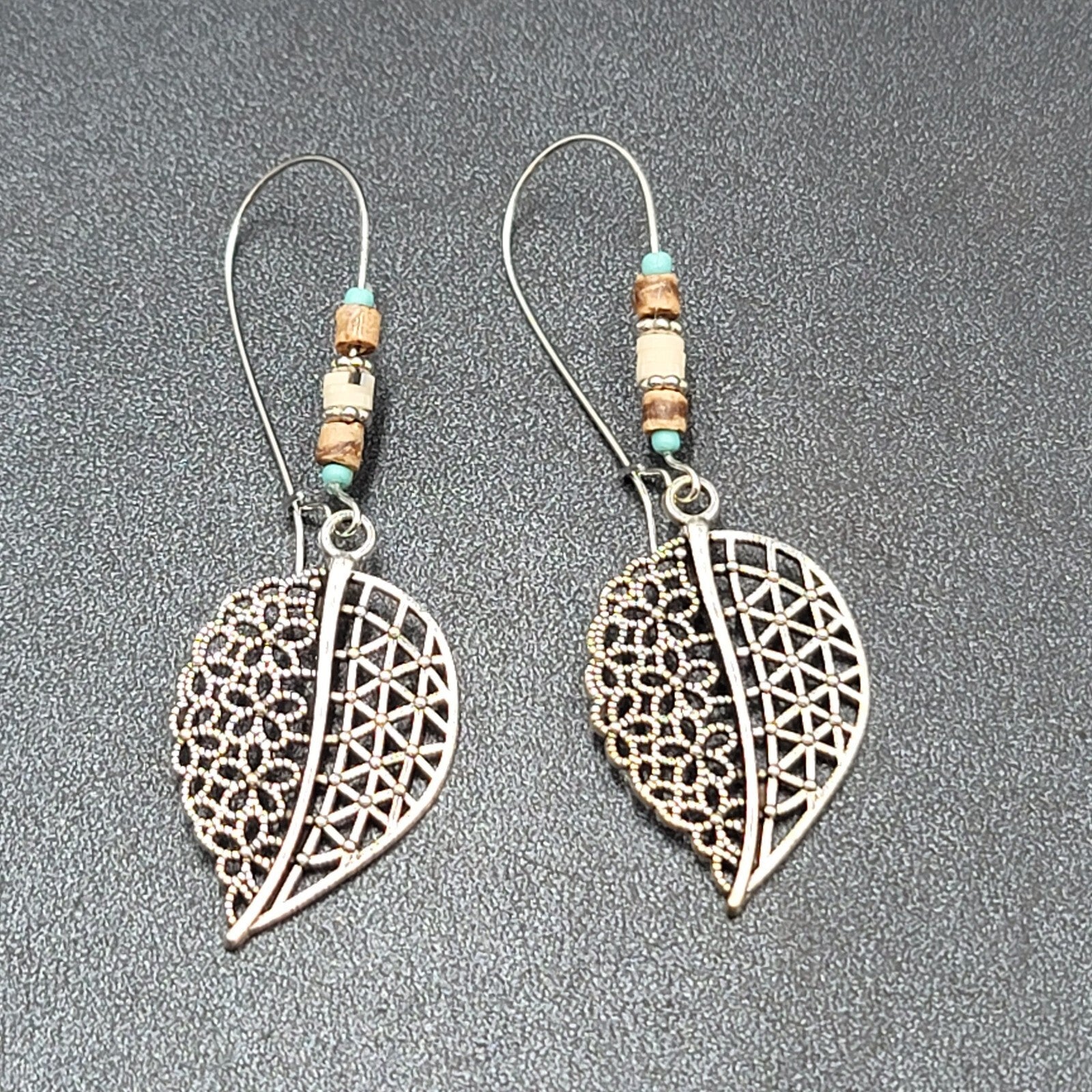 New Boho Pierced Earrings Open Work Leaf Beaded Long 3"