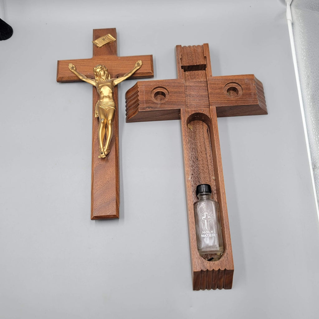 Catholic Wall Crucifix Sick Call Set Wooden Cross INRI with Holy Water Vial 14"