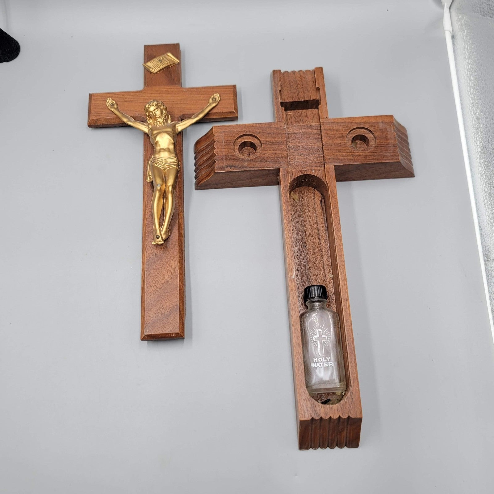 Catholic Wall Crucifix Sick Call Set Wooden Cross INRI with Holy Water Vial 14"