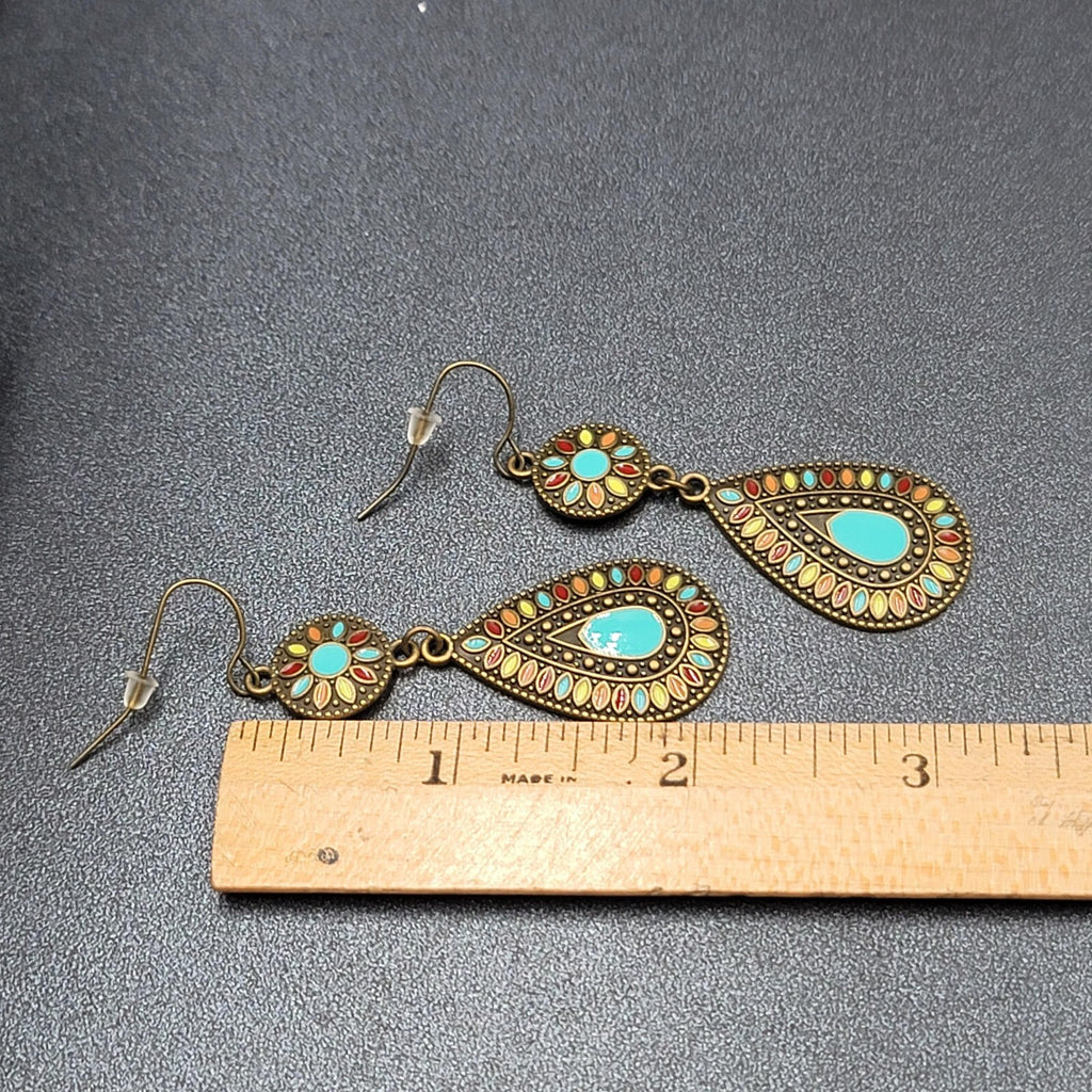 New Boho Pierced Earrings Multicolor Enamel Round Teardrop Blue Dangle 2.25"