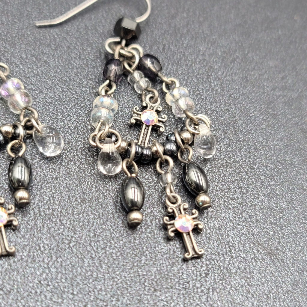 Pierced Earrings Silver tone Black Hematite AB Cross Chandelier Beads 1.75"